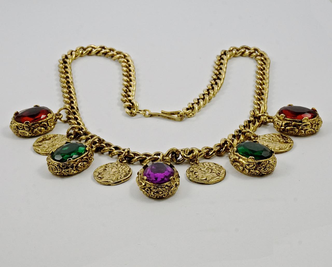 Women's or Men's Gold Plated Curb Chain Necklace with Glass Jewel and Coin Drops, circa 1980s For Sale