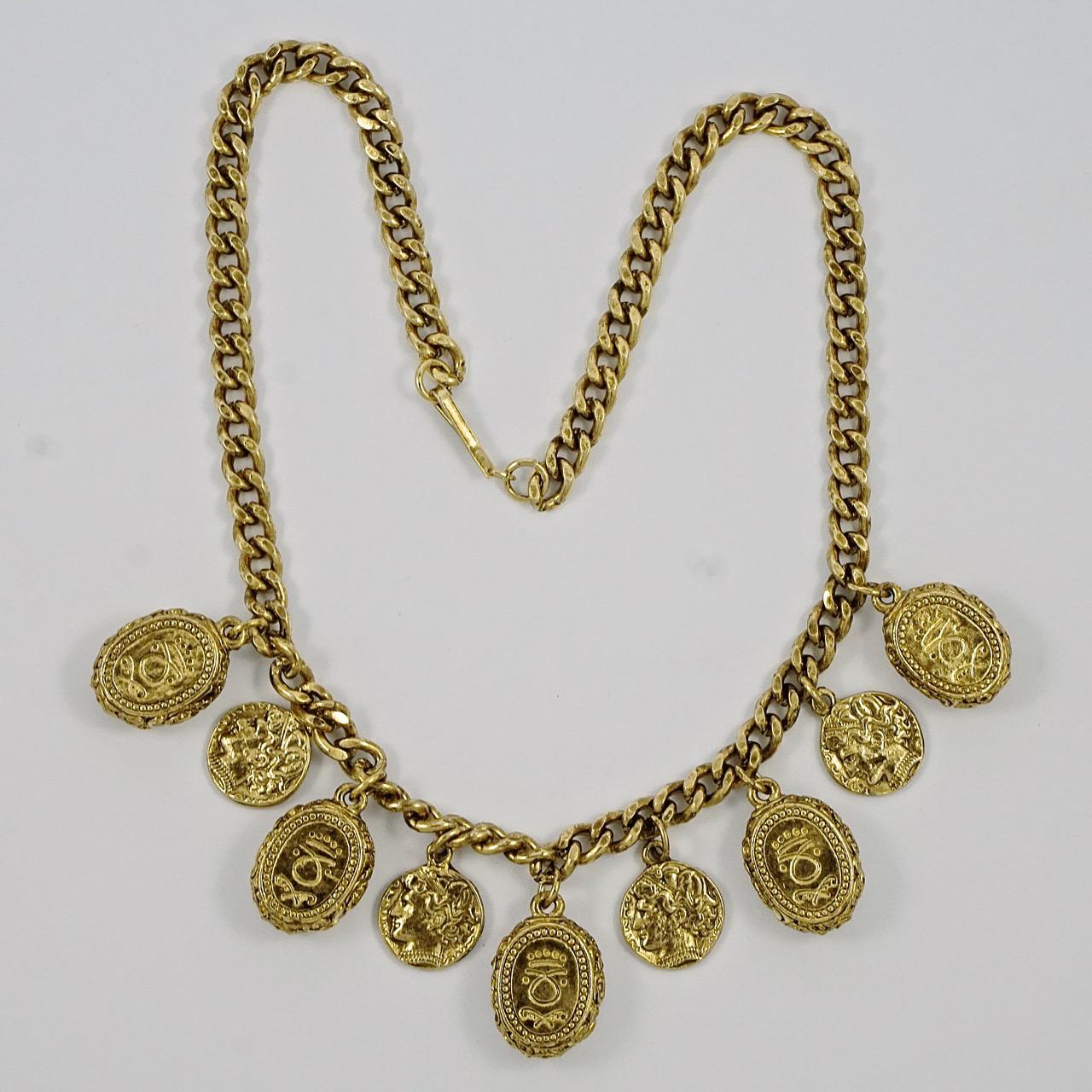 Gold Plated Curb Chain Necklace with Glass Jewel and Coin Drops, circa 1980s For Sale 1