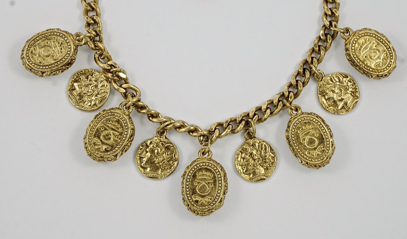 Gold Plated Curb Chain Necklace with Glass Jewel and Coin Drops, circa 1980s For Sale 2