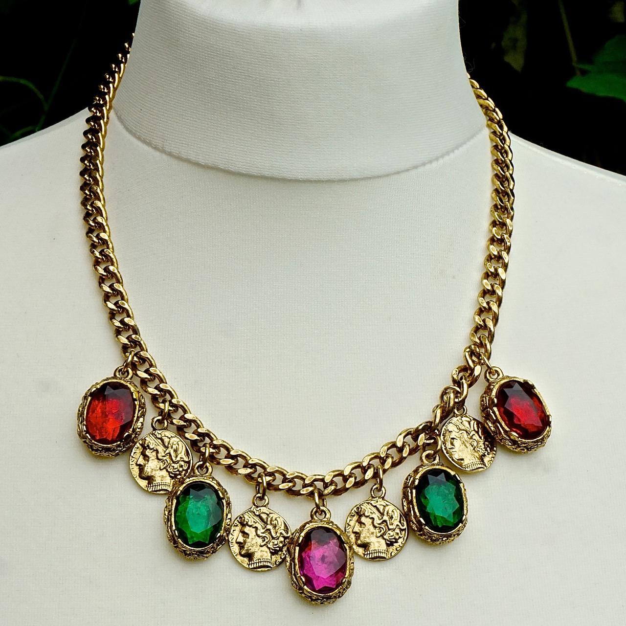 Gold Plated Curb Chain Necklace with Glass Jewel and Coin Drops, circa 1980s For Sale 3