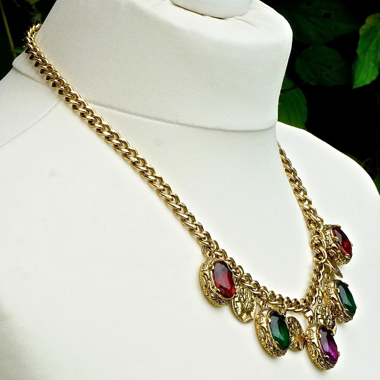 Gold Plated Curb Chain Necklace with Glass Jewel and Coin Drops, circa 1980s For Sale 4
