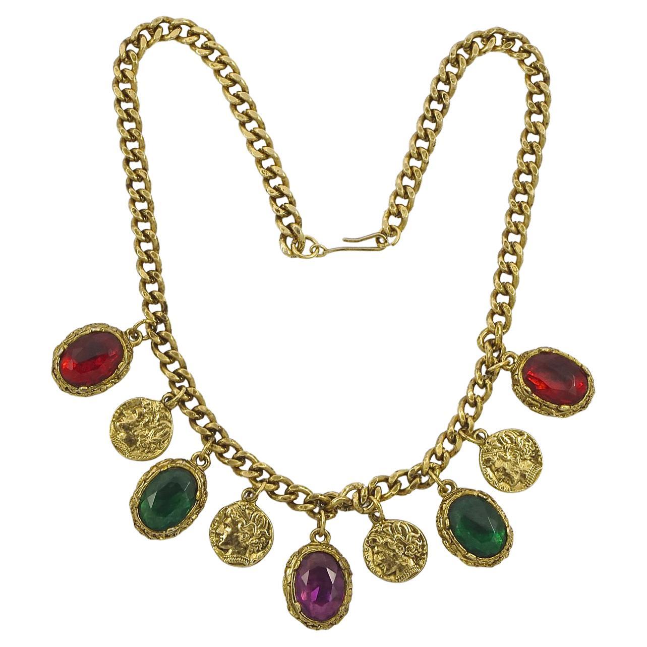 Gold Plated Curb Chain Necklace with Glass Jewel and Coin Drops, circa 1980s For Sale