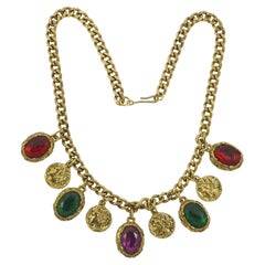 Vintage Gold Plated Curb Chain Necklace with Glass Jewel and Coin Drops, circa 1980s