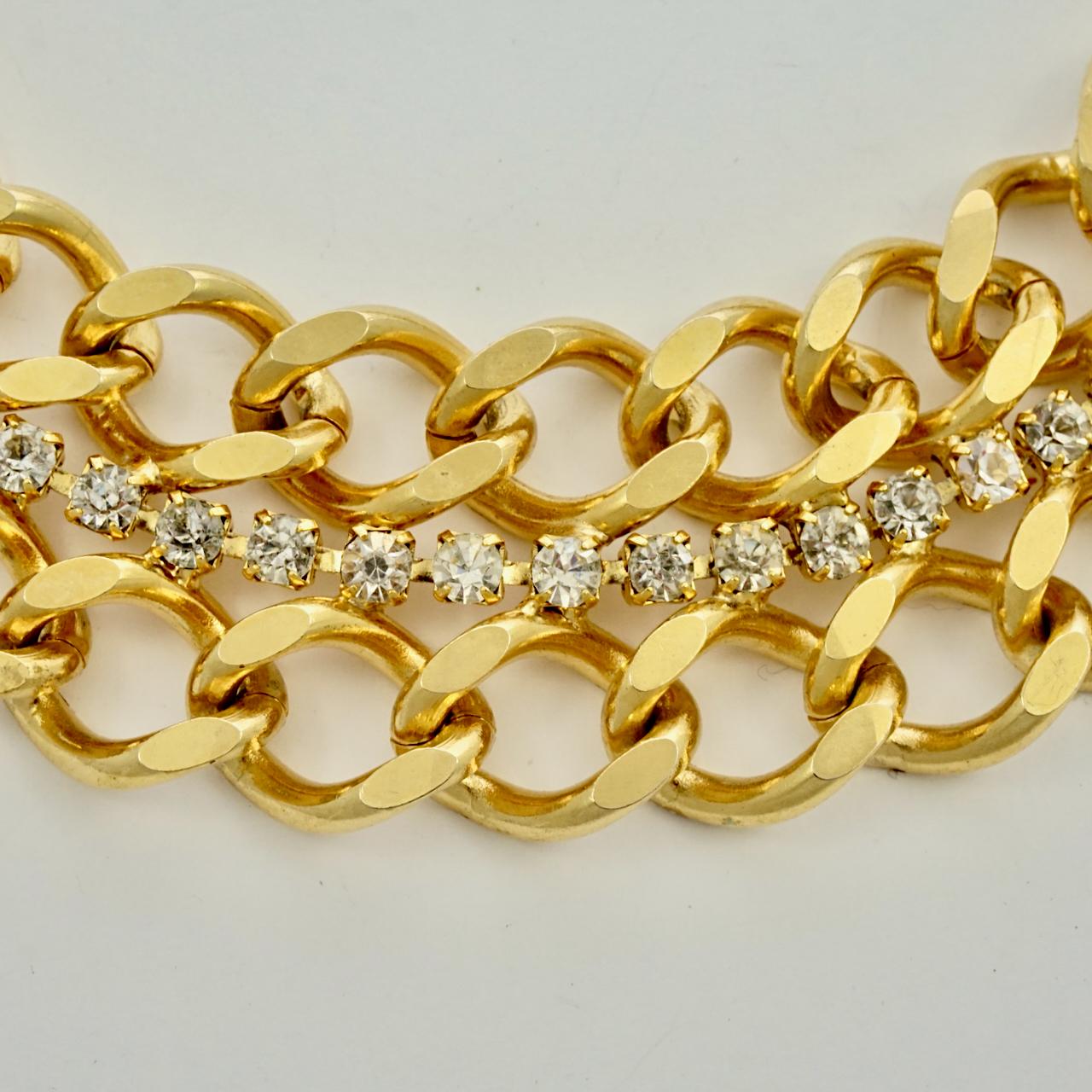 Gold Plated Curb Link Chain Collar Necklace with Rhinestones circa 1980s For Sale 1