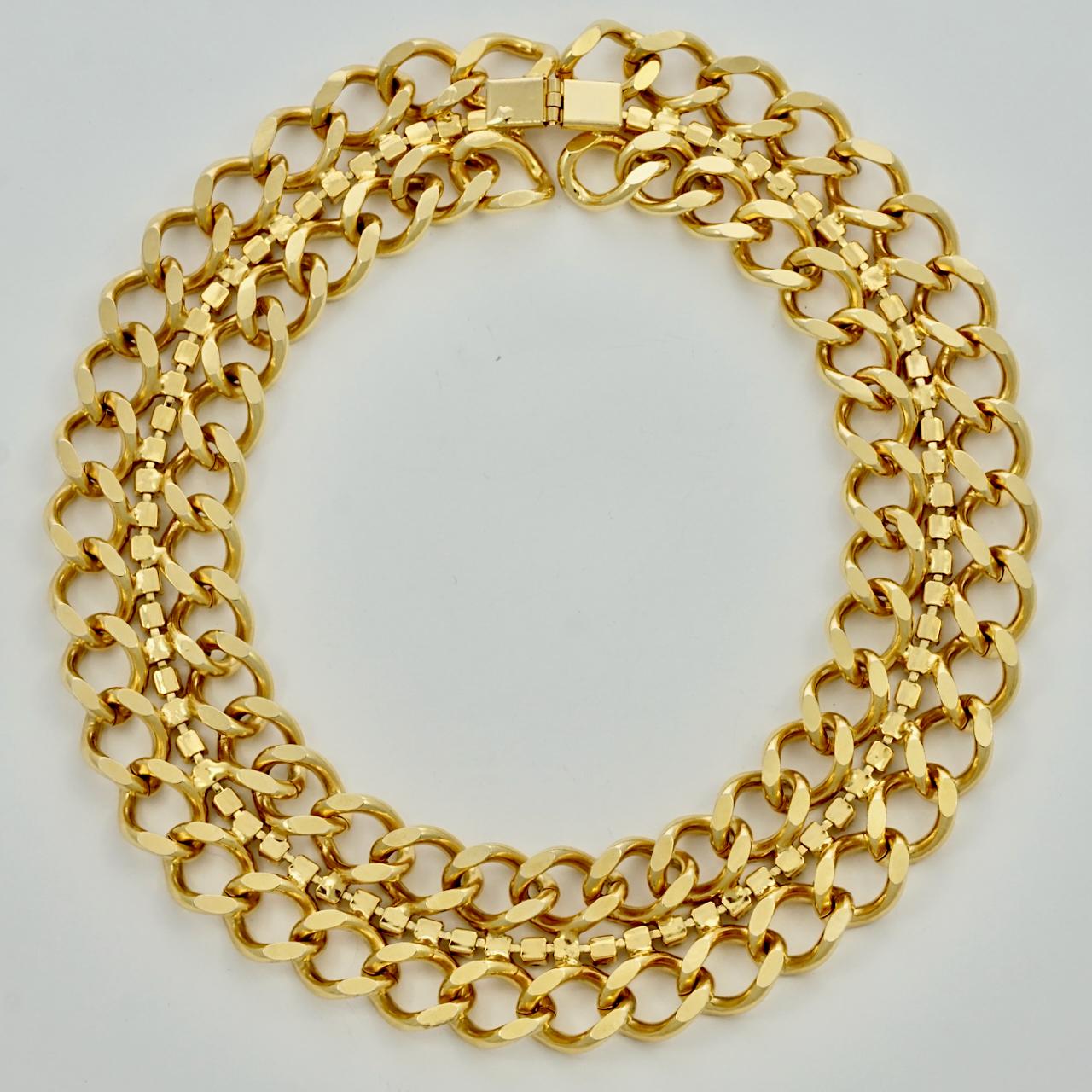 Gold Plated Curb Link Chain Collar Necklace with Rhinestones circa 1980s For Sale 2
