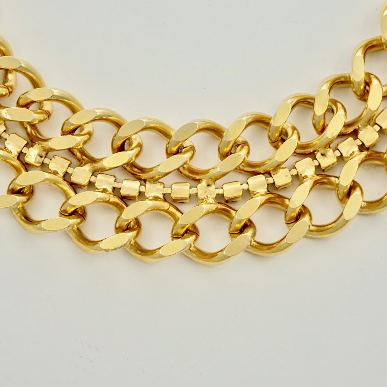 Gold Plated Curb Link Chain Collar Necklace with Rhinestones circa 1980s For Sale 3