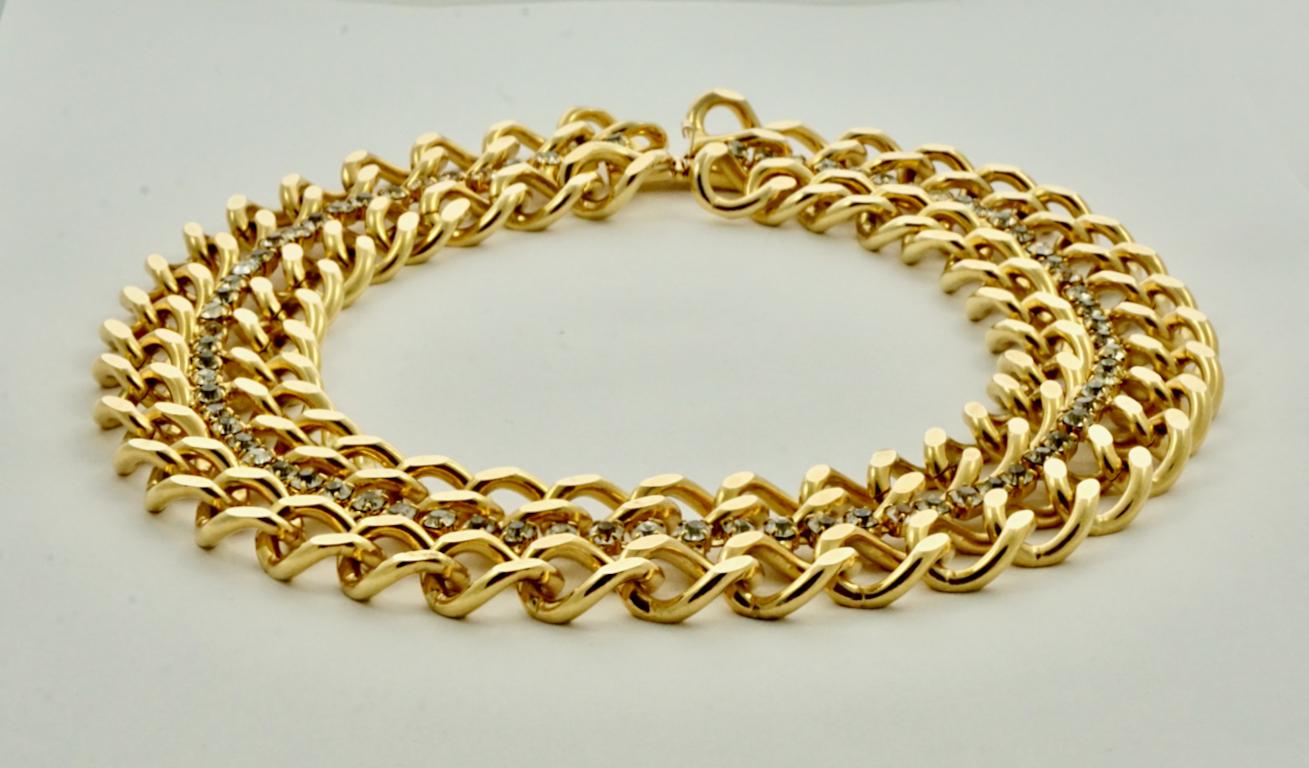 Gold Plated Curb Link Chain Collar Necklace with Rhinestones circa 1980s For Sale 4