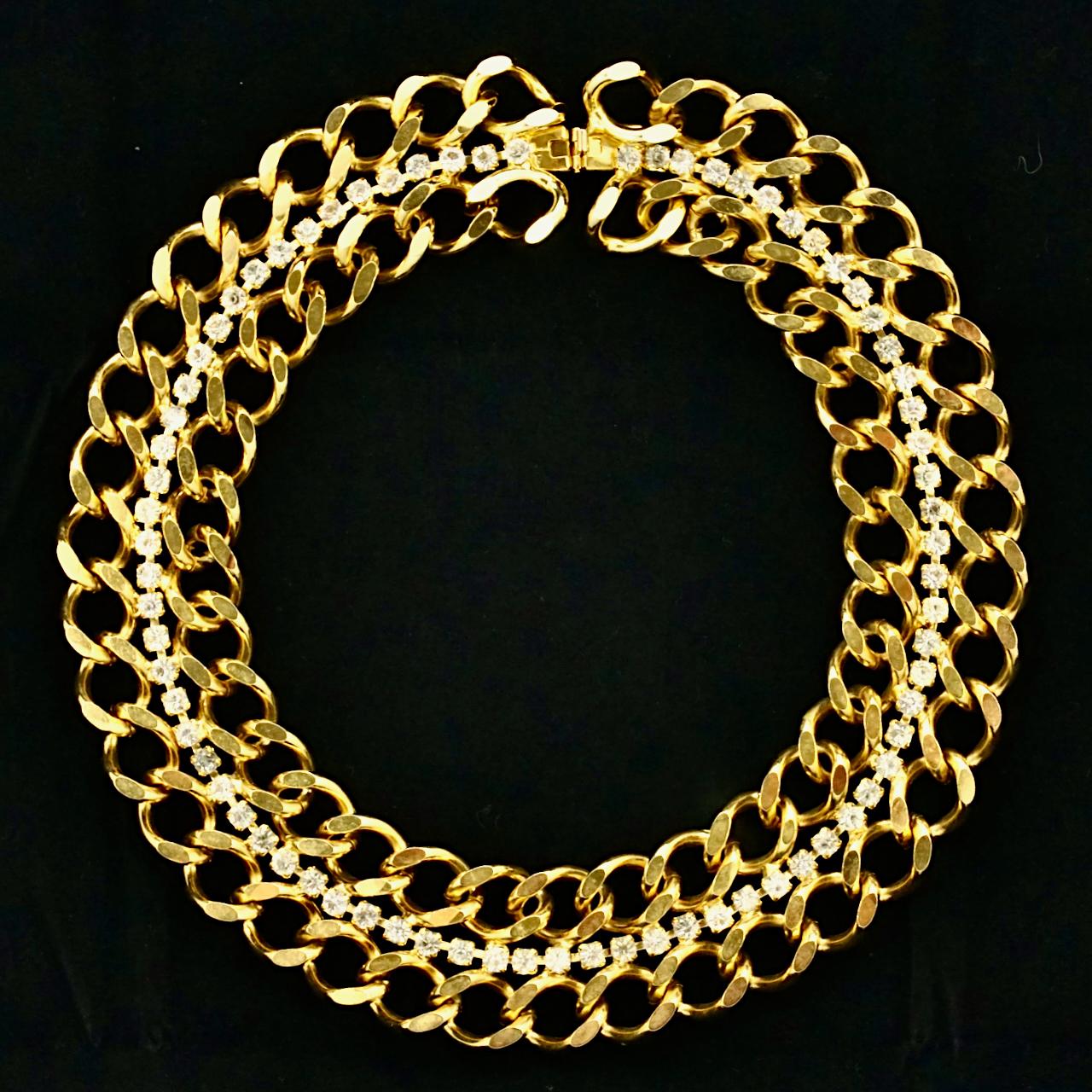 Gold Plated Curb Link Chain Collar Necklace with Rhinestones circa 1980s For Sale 5