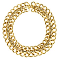 Gold Plated Curb Link Chain Collar Necklace with Rhinestones circa 1980s