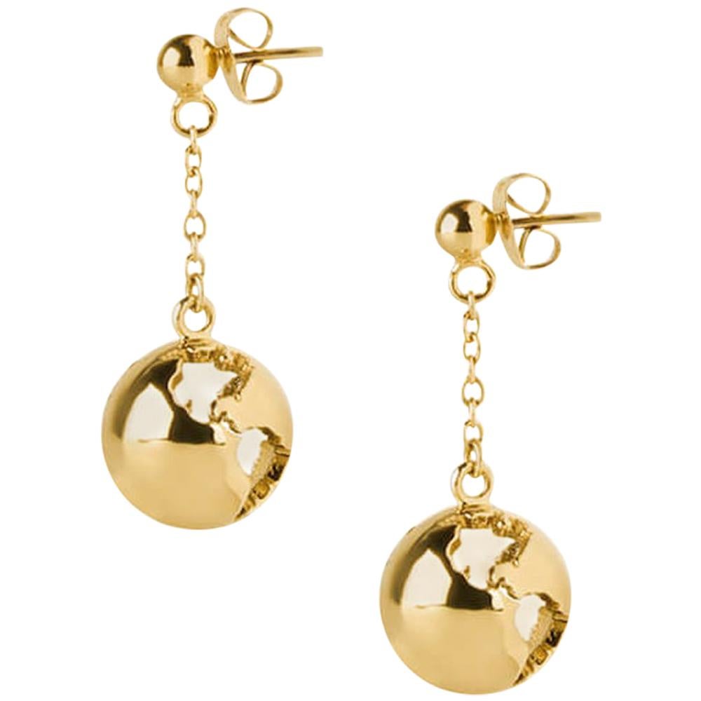 Gold plated dangling chain earth earrings  For Sale