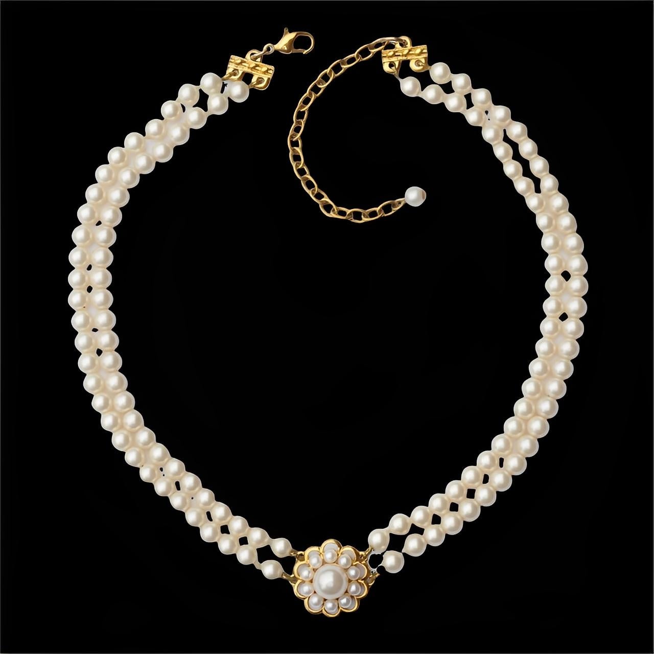 Collana a doppio filo di perle finte placcate oro con ciondolo a forma di fiore in vendita 5