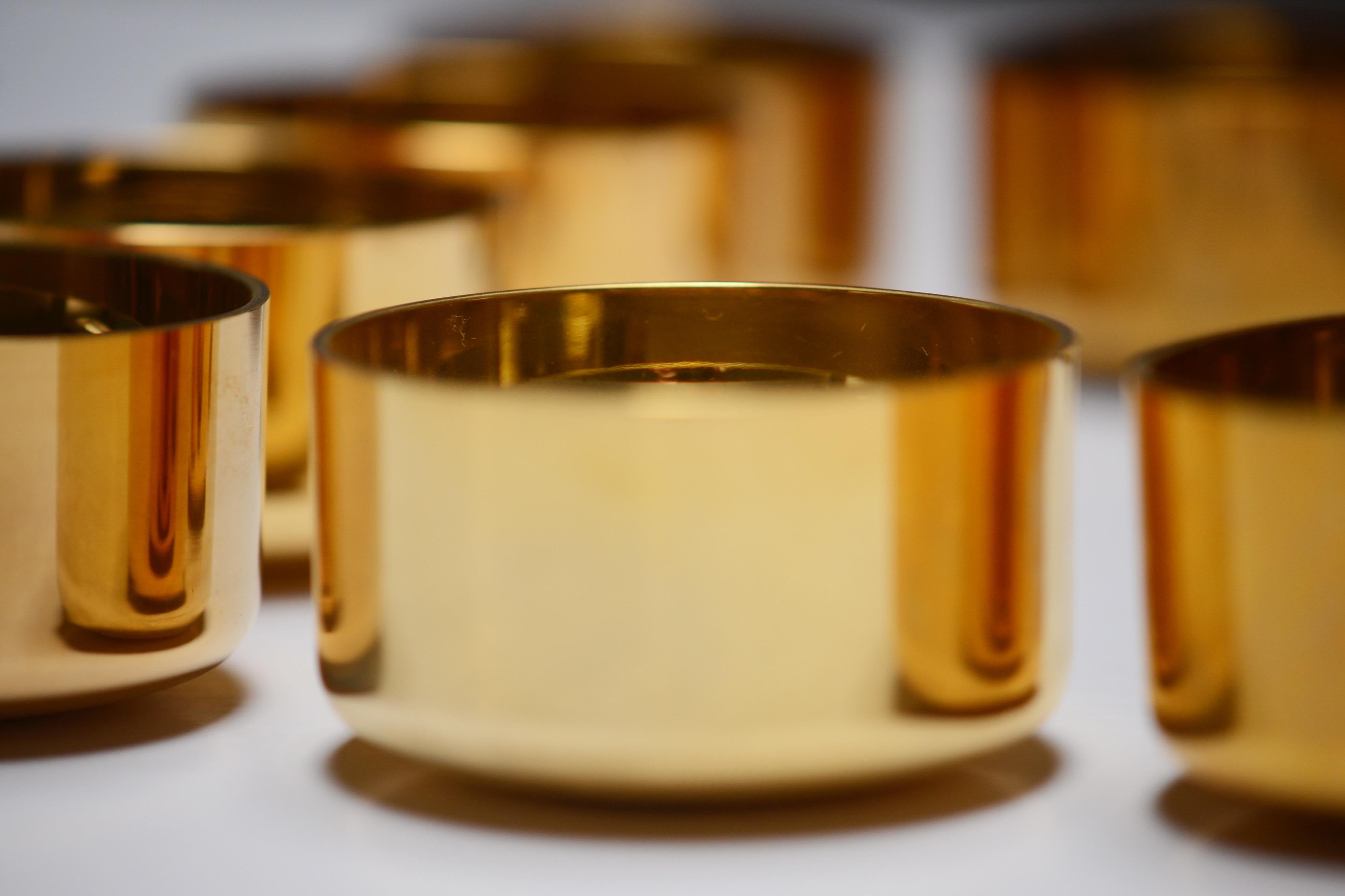 Scandinavian Modern Gold Plated Drinking Cups/ Alcohol Taster Set of 12 Pierre Forssell, Sweden, 70s For Sale