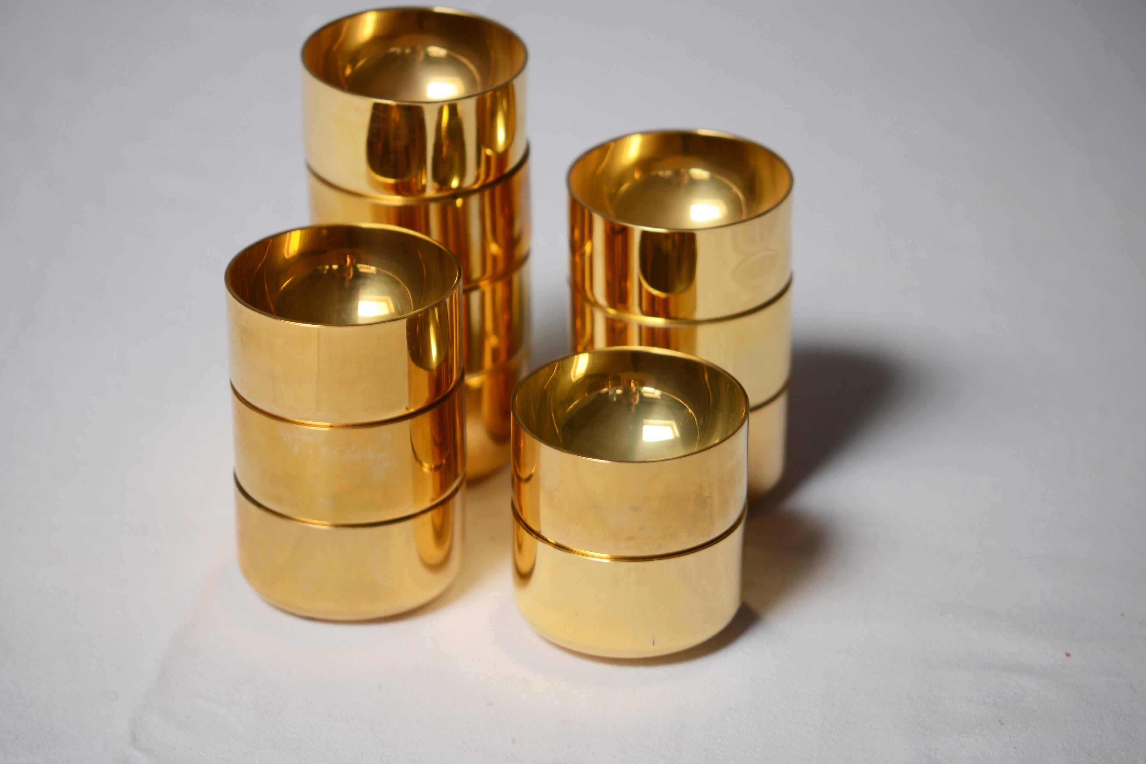 Late 20th Century Gold Plated Drinking Cups/ Alcohol Taster Set of 12 Pierre Forssell, Sweden, 70s For Sale
