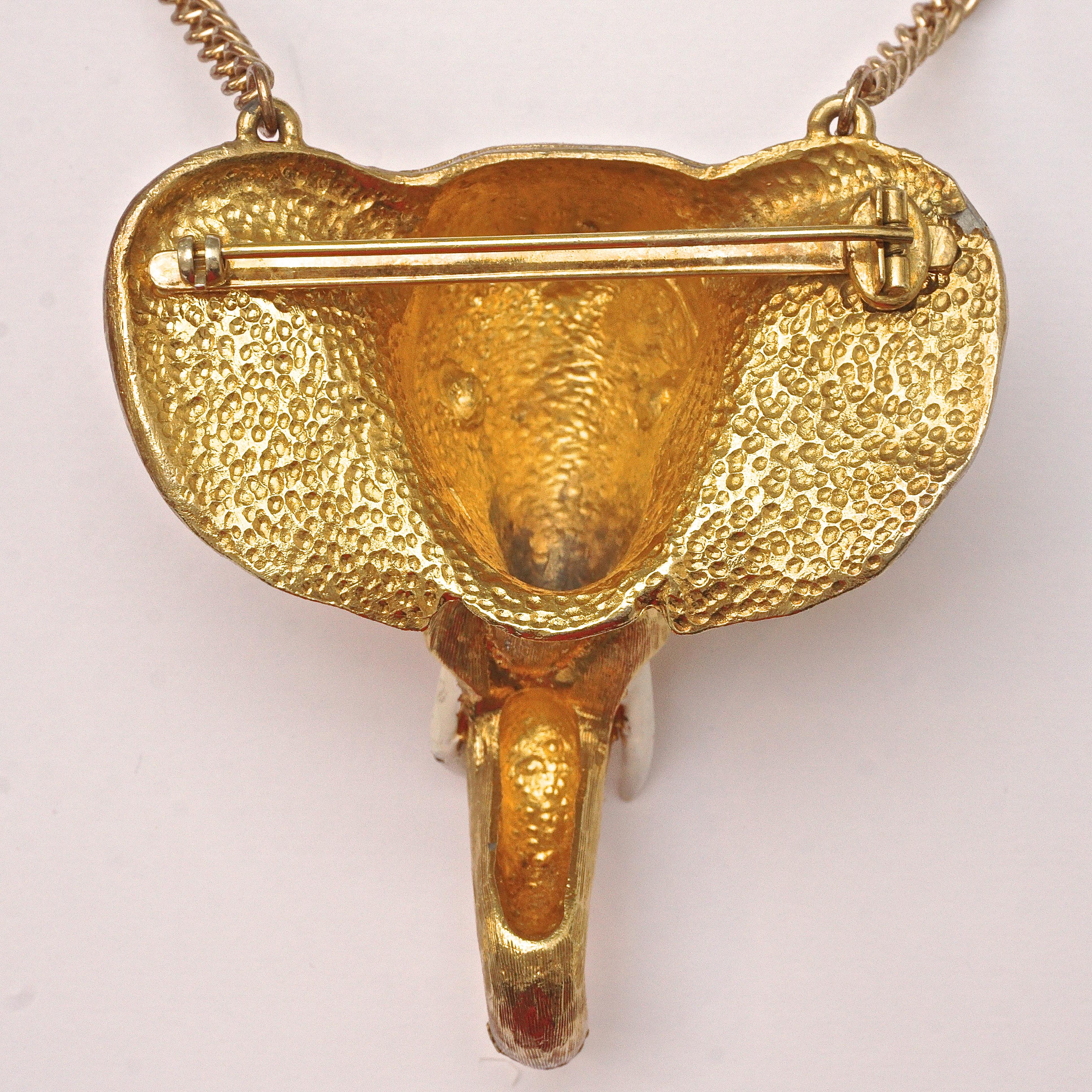 Gold Plated Elephant Head Pendant Necklace Brooch with Crystal Eyes Enamel Tusks In Good Condition In London, GB
