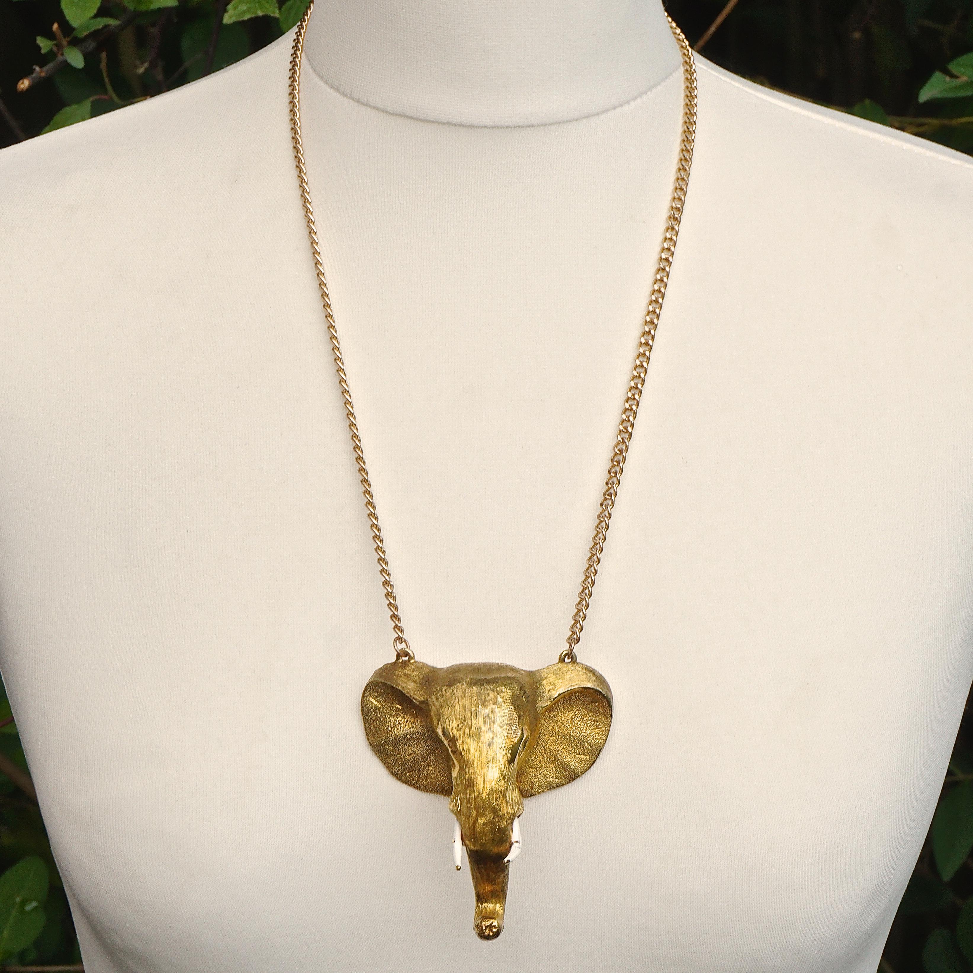 Women's or Men's Gold Plated Elephant Head Pendant Necklace Brooch with Crystal Eyes Enamel Tusks