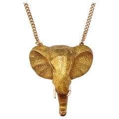 Gold Plated Elephant Head Pendant Necklace Brooch with Crystal Eyes Enamel Tusks