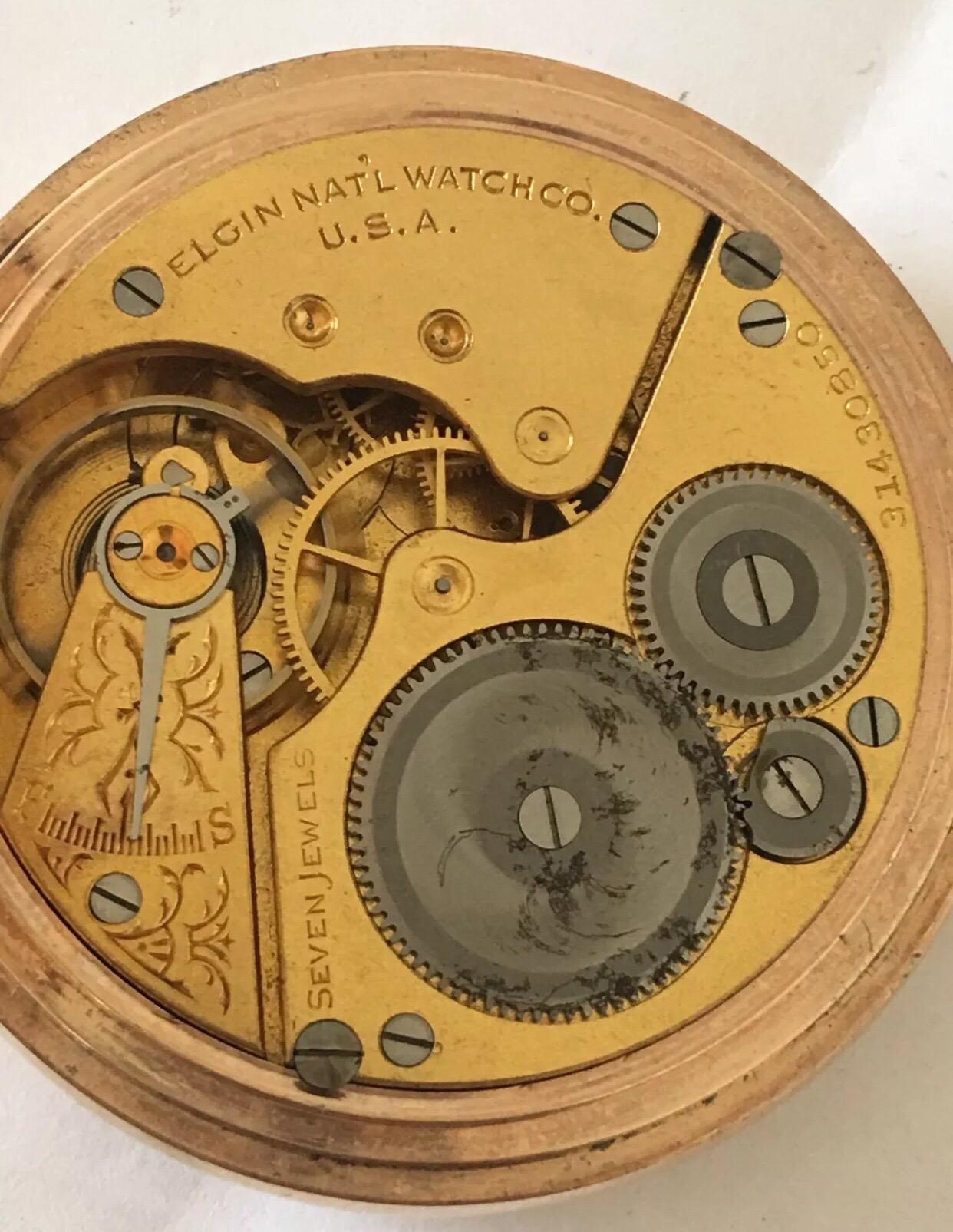 Gold Plated Engine Turned Full Hunter Cased Antique Pocket Watch Signed Elgin In Good Condition In Carlisle, GB
