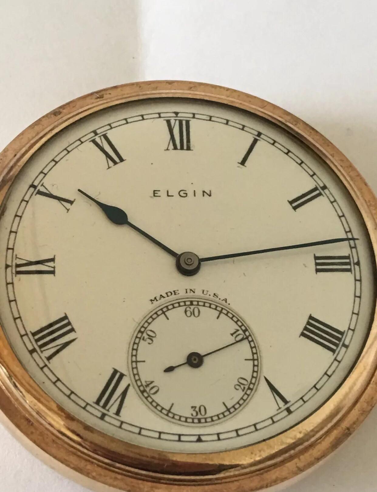 Gold Plated Engine Turned Full Hunter Cased Antique Pocket Watch Signed Elgin 2