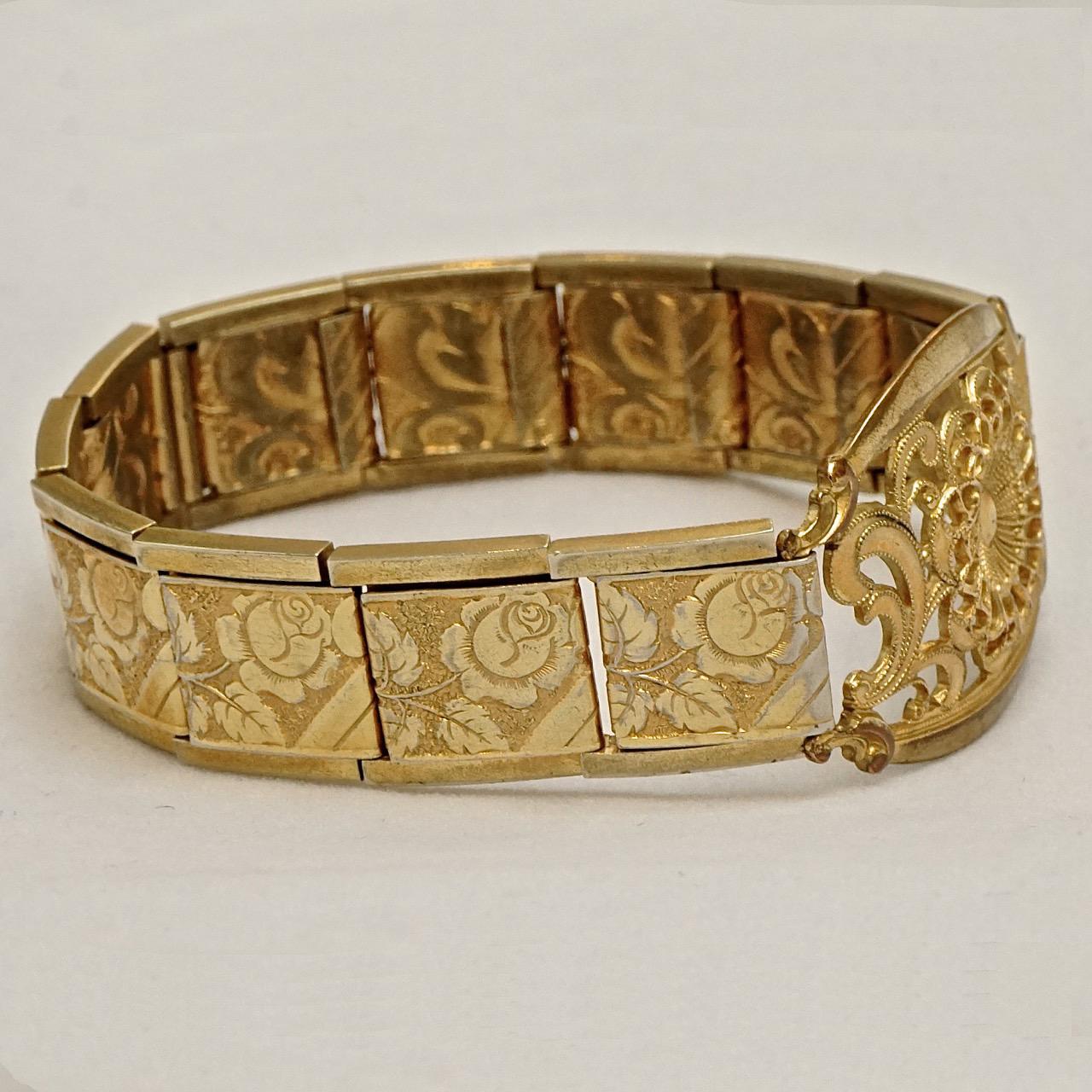 Women's or Men's Gold Plated Engraved Flower Expansion Link Bracelet For Sale
