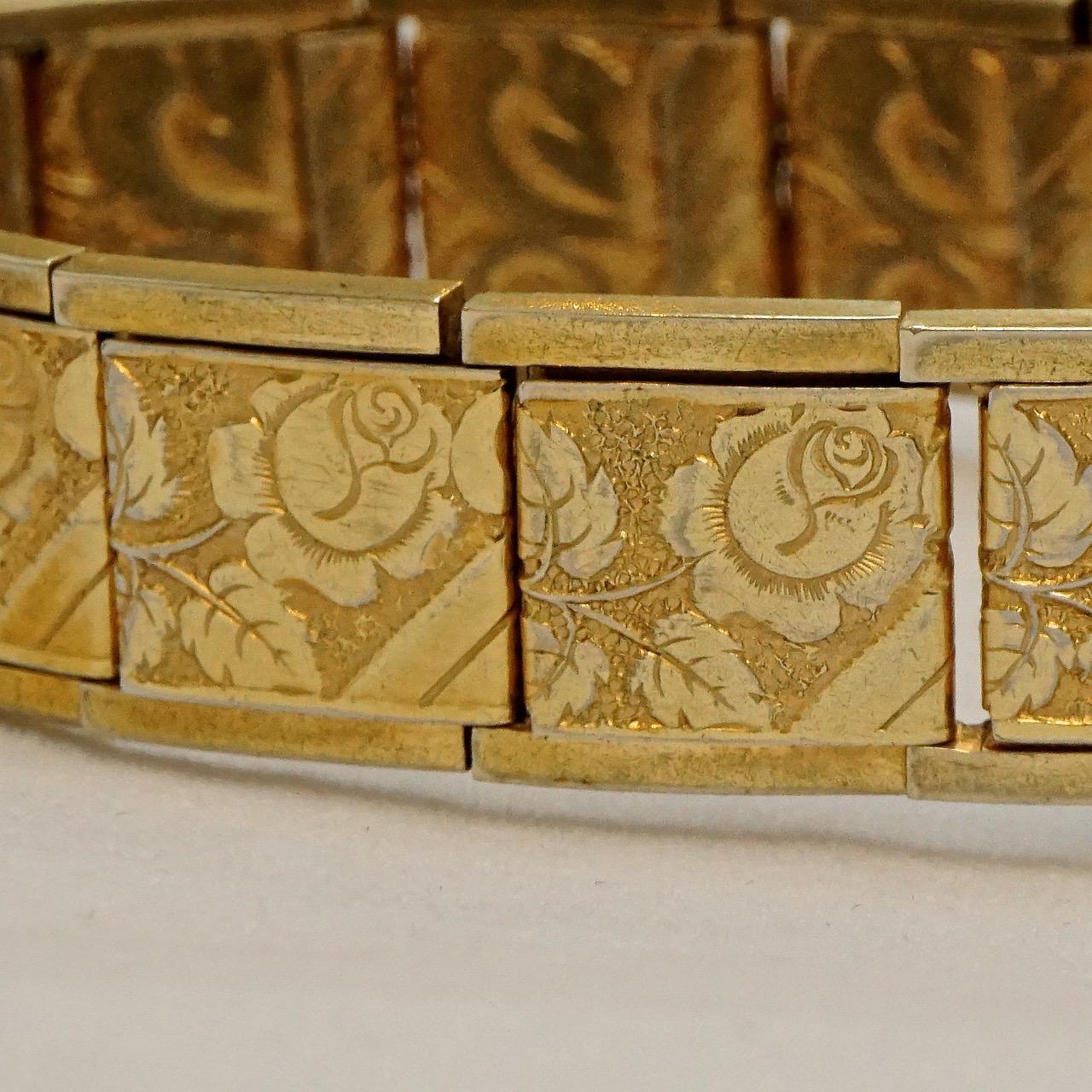 Gold Plated Engraved Flower Expansion Link Bracelet For Sale 1