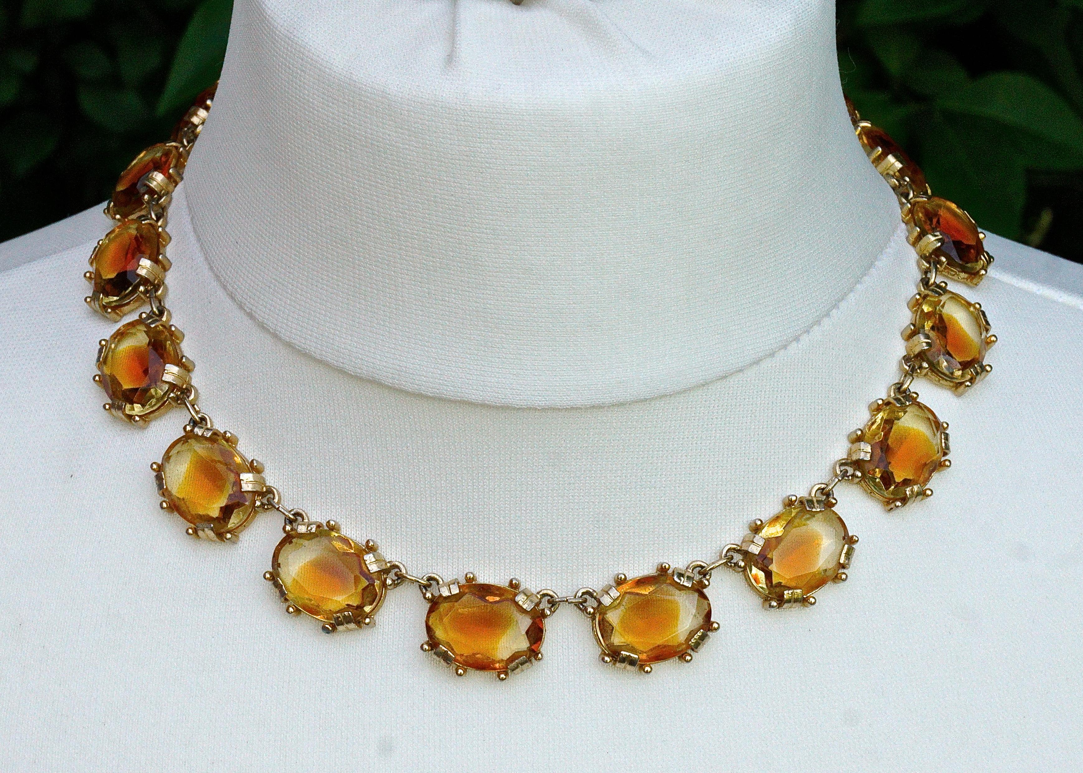 Women's or Men's Gold Plated Faceted Oval Amber and Clear Glass Riviere Necklace circa 1950s For Sale