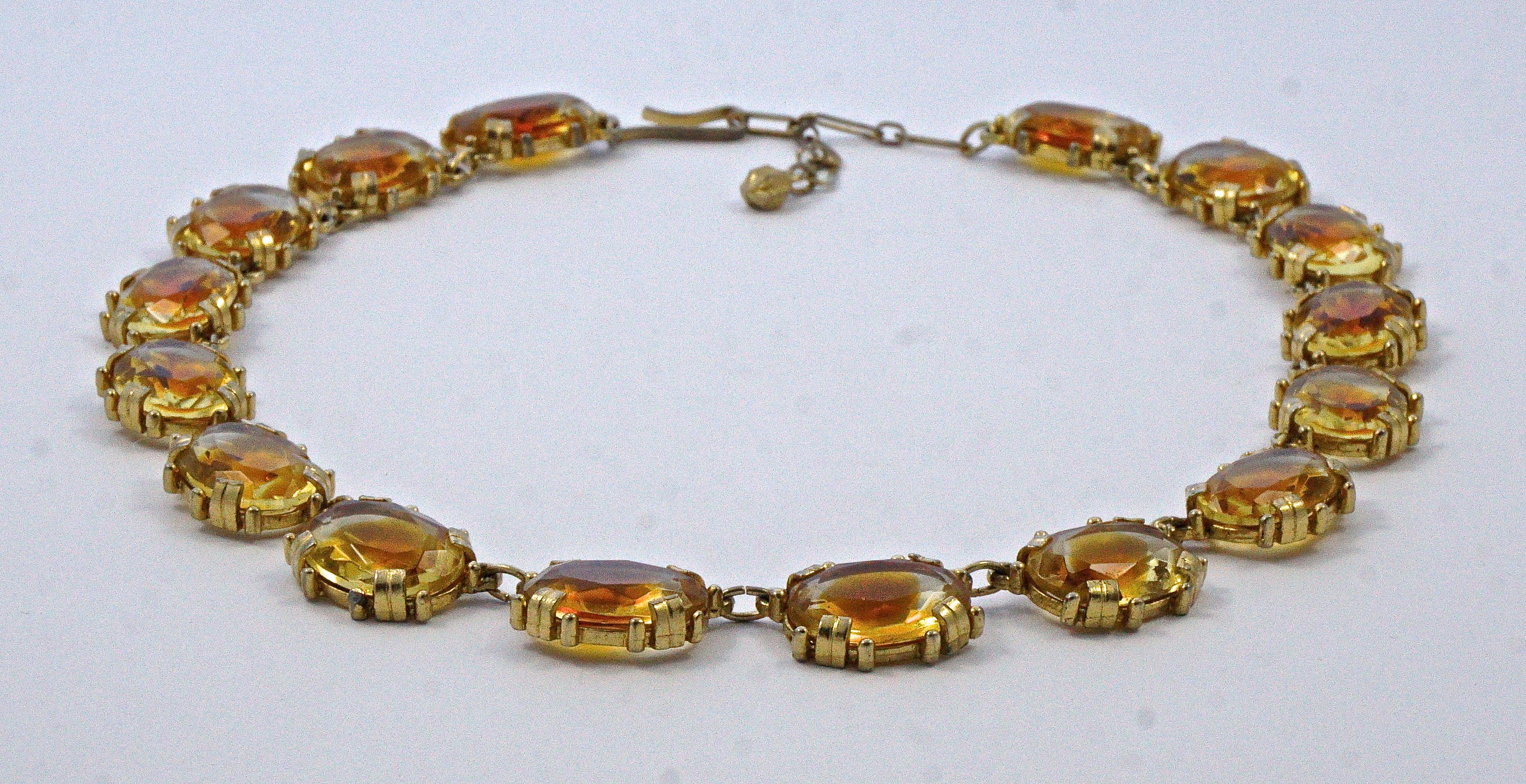 Gold Plated Faceted Oval Amber and Clear Glass Riviere Necklace circa 1950s For Sale 4
