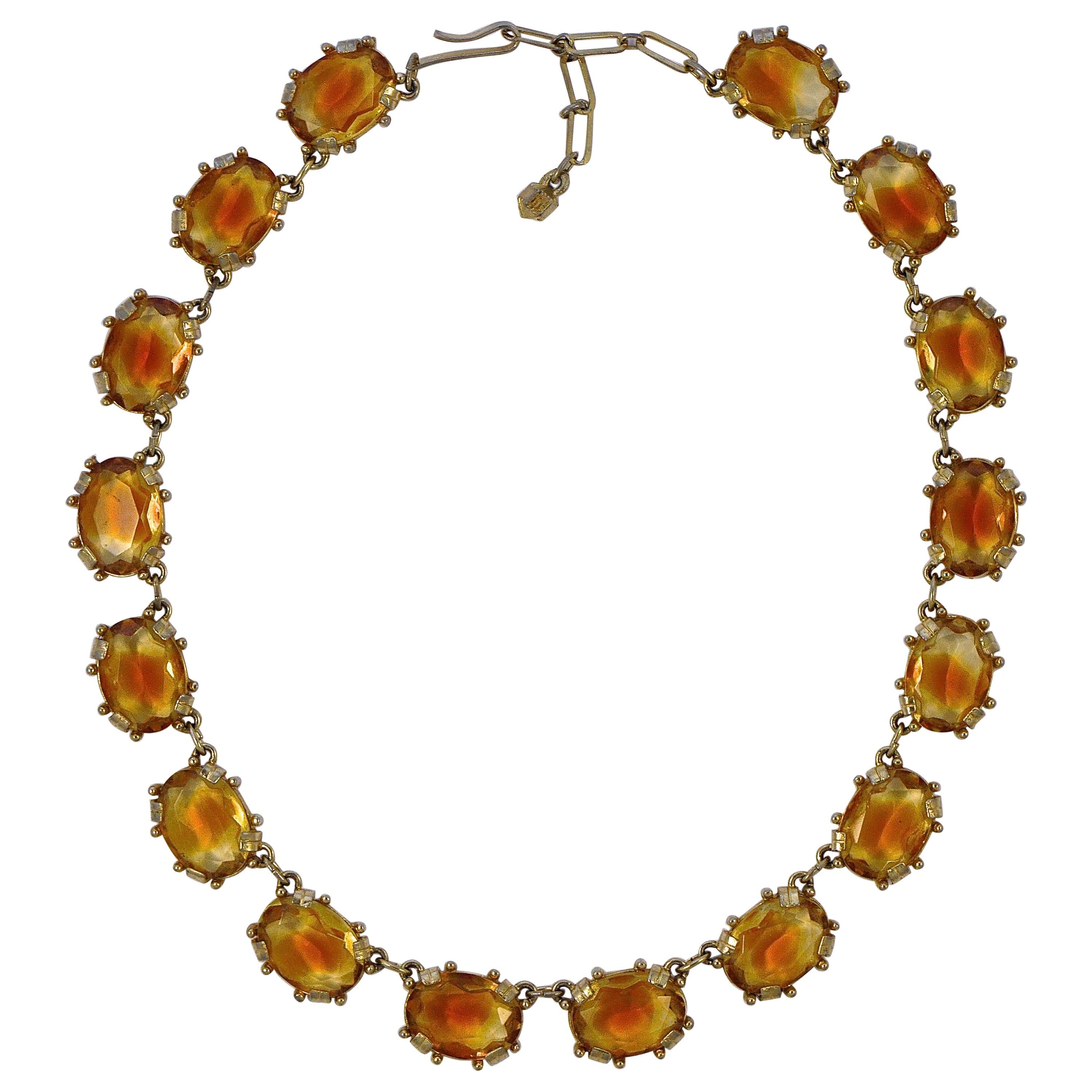 Gold Plated Faceted Oval Amber and Clear Glass Riviere Necklace circa 1950s