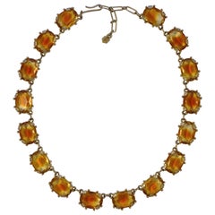 Retro Gold Plated Faceted Oval Amber and Clear Glass Riviere Necklace circa 1950s