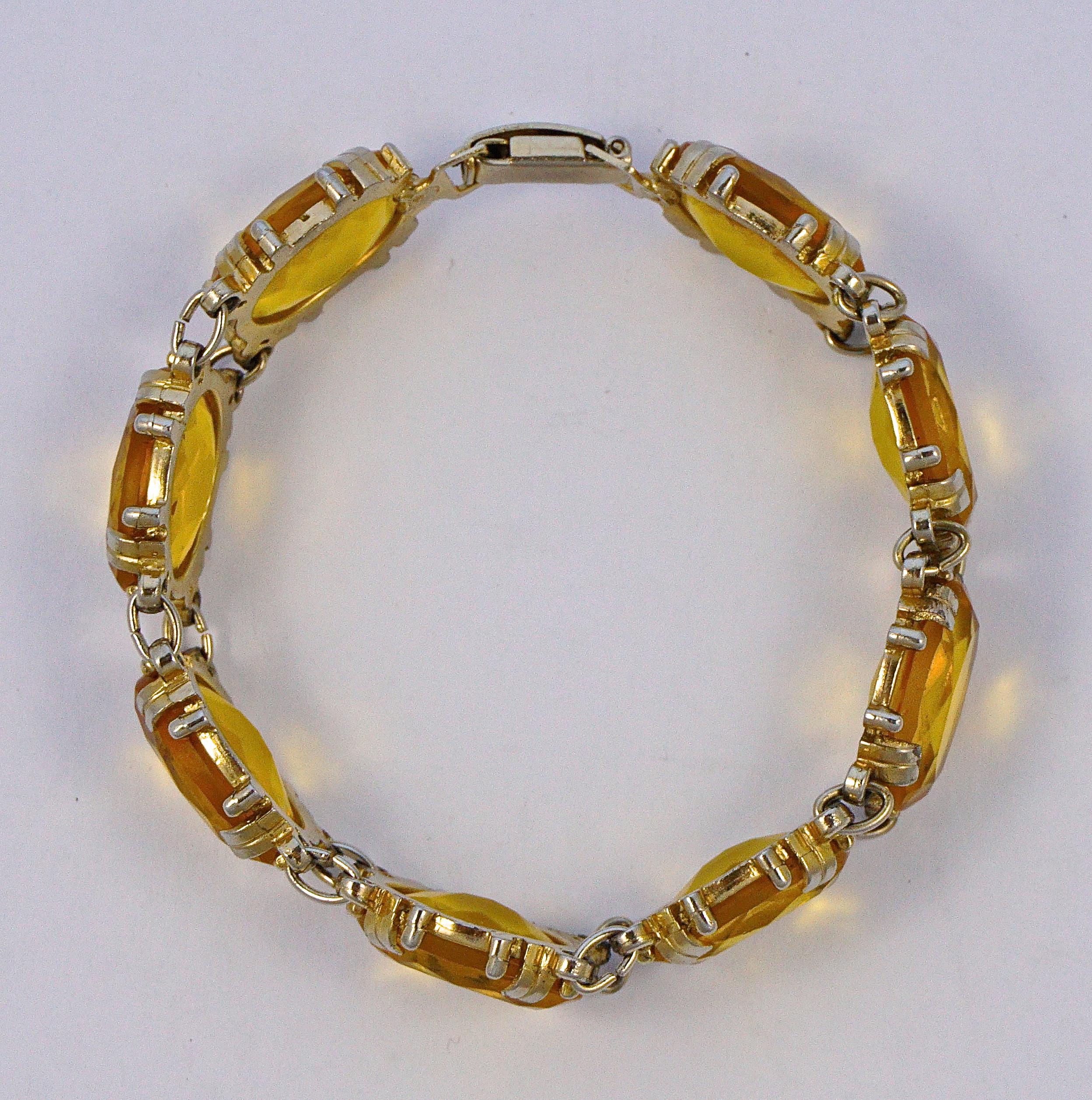 Women's or Men's Gold Plated Faceted Oval Citrine Glass Bracelet circa 1950s