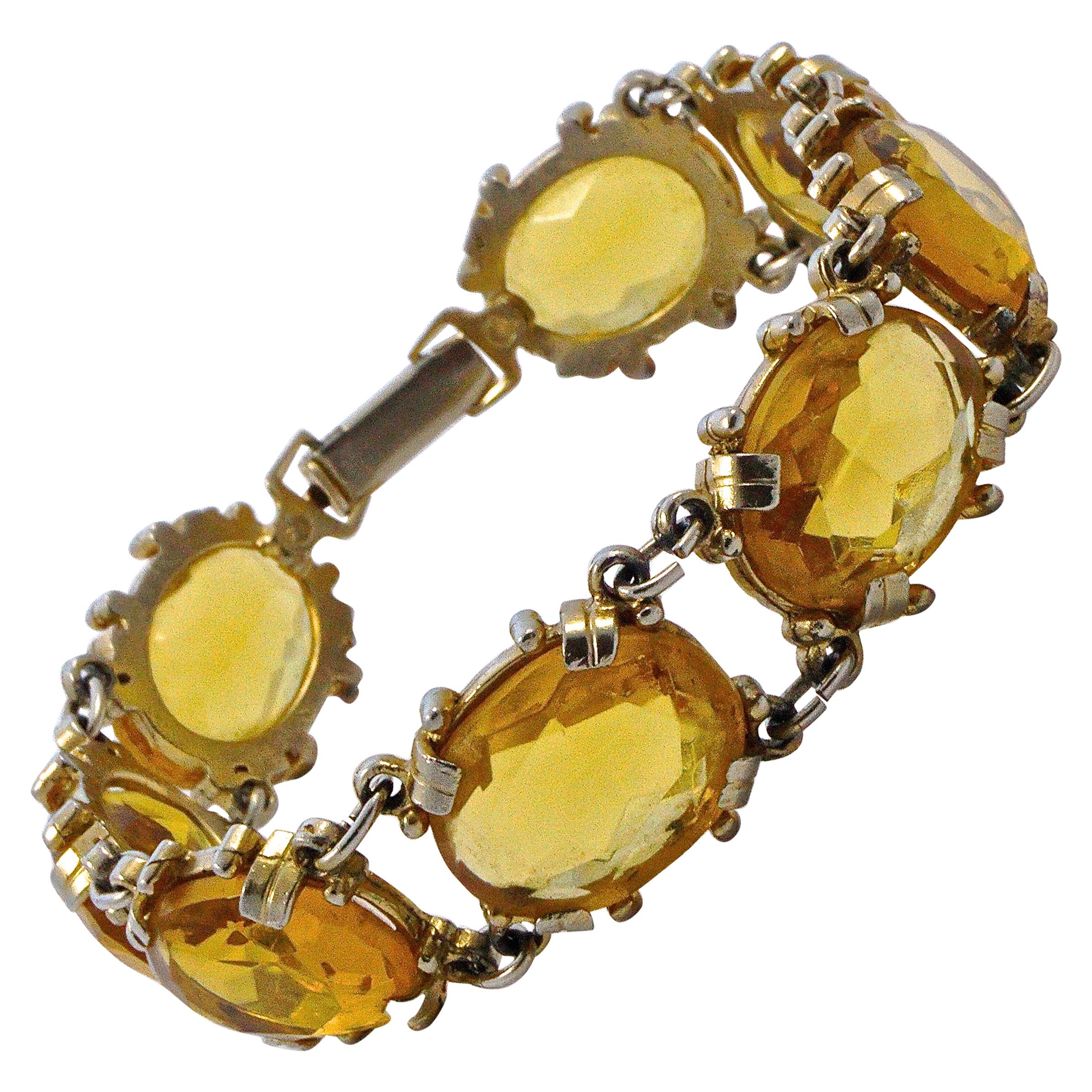 Gold Plated Faceted Oval Citrine Glass Bracelet circa 1950s