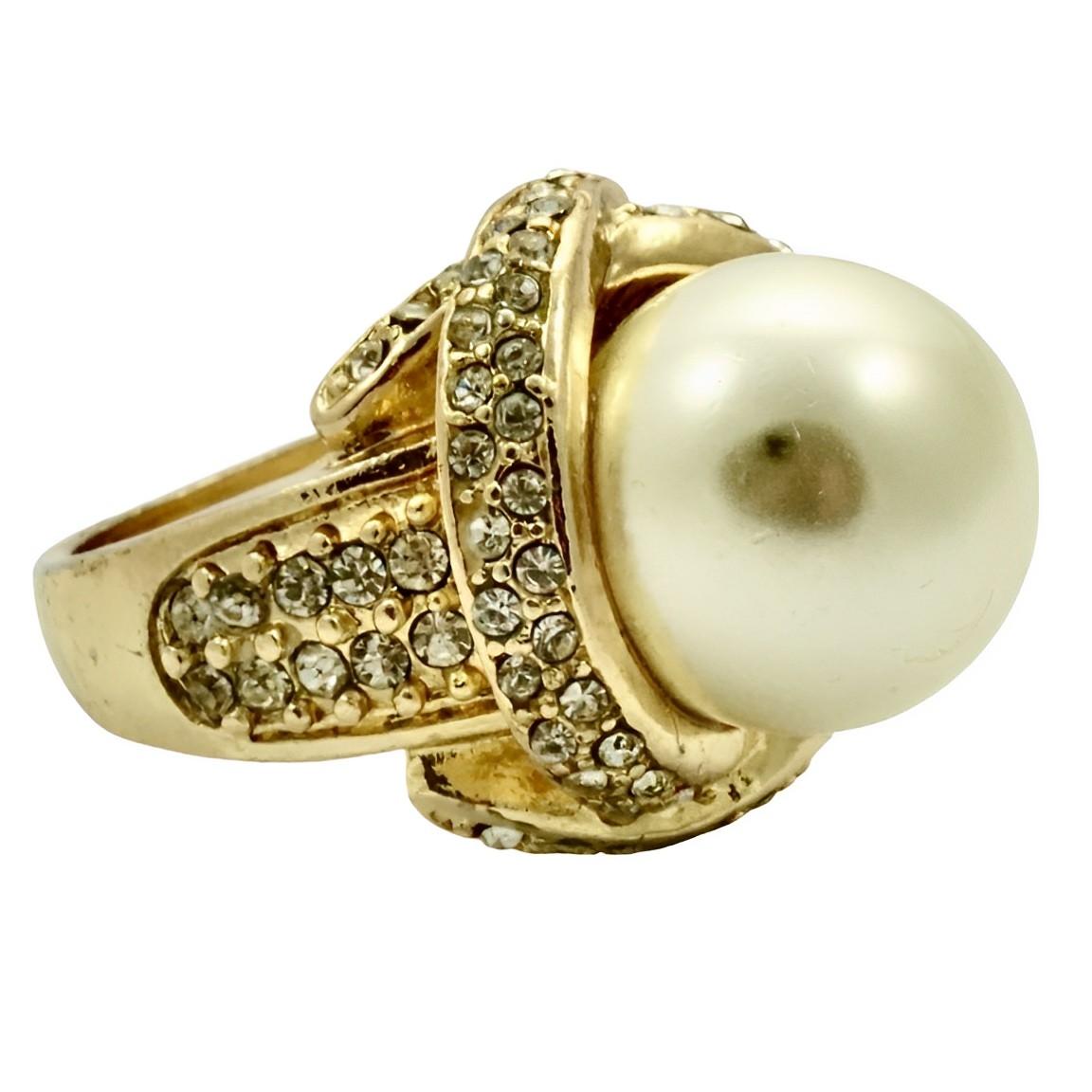 Women's or Men's Gold Plated Faux Pearl and Crystals Cocktail Ring For Sale