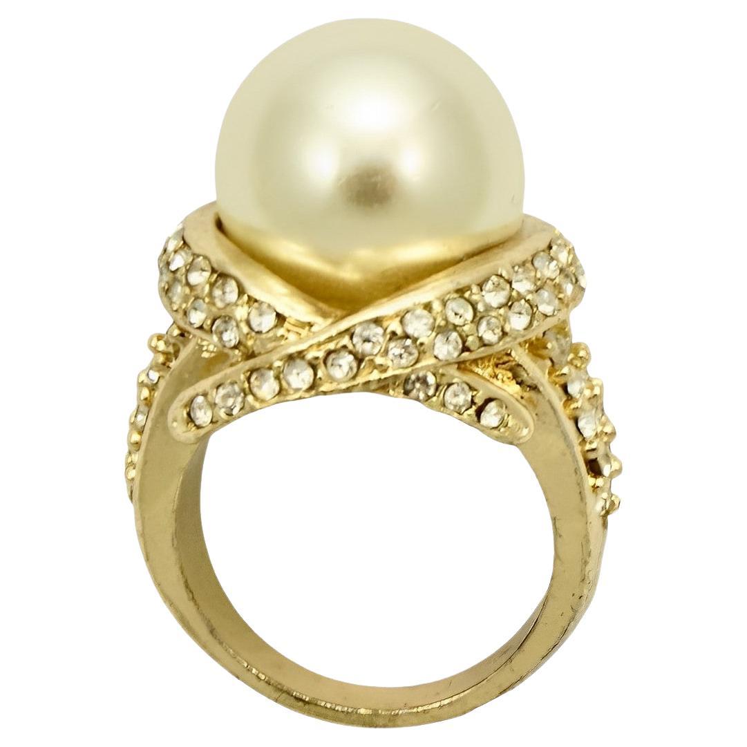 Gold Plated Faux Pearl and Crystals Cocktail Ring For Sale