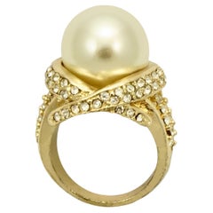Gold Plated Faux Pearl and Crystals Cocktail Ring