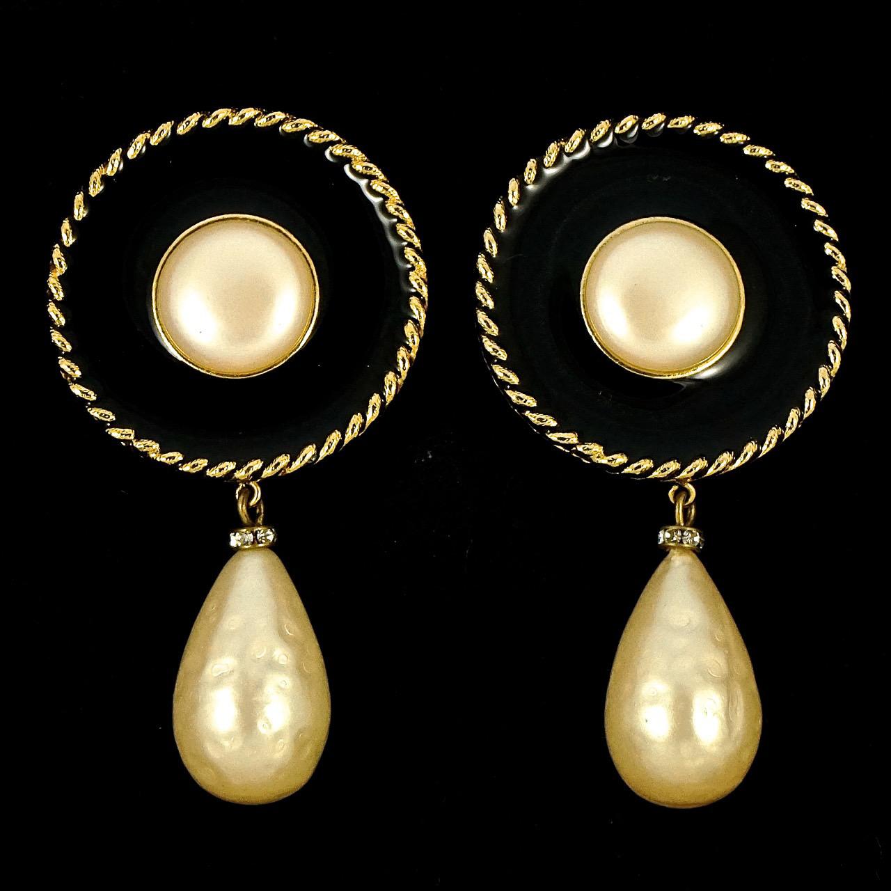 Women's or Men's Gold Plated Faux Pearl Black Enamel Rhinestone Clip On Drop Earrings For Sale