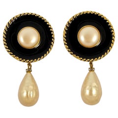 Vintage Gold Plated Faux Pearl Black Enamel Rhinestone Clip On Drop Earrings