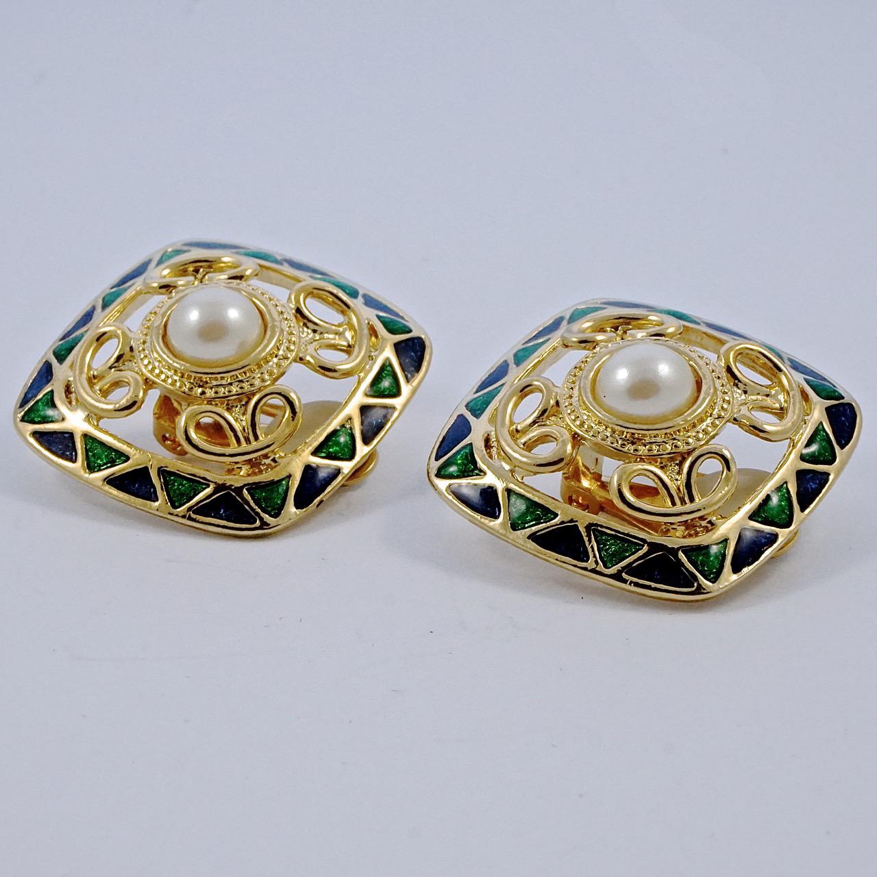 Women's or Men's Gold Plated Faux Pearl Green and Blue Enamel Clip On Earrings circa 1980s For Sale