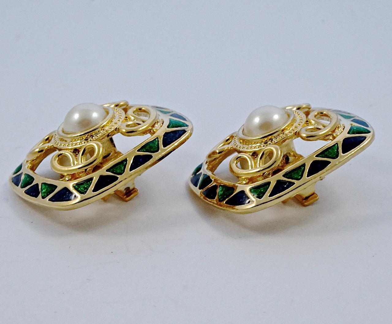 Gold Plated Faux Pearl Green and Blue Enamel Clip On Earrings circa 1980s For Sale 1