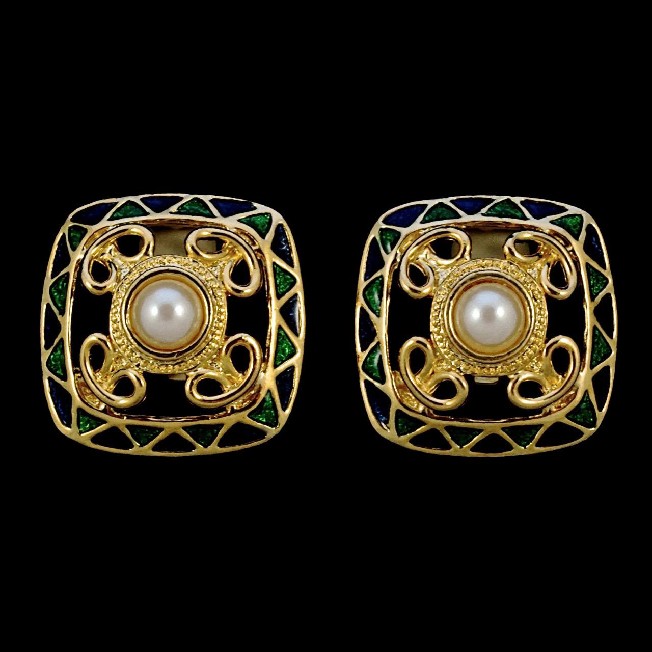 Gold Plated Faux Pearl Green and Blue Enamel Clip On Earrings circa 1980s For Sale 2
