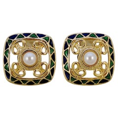 Retro Gold Plated Faux Pearl Green and Blue Enamel Clip On Earrings circa 1980s