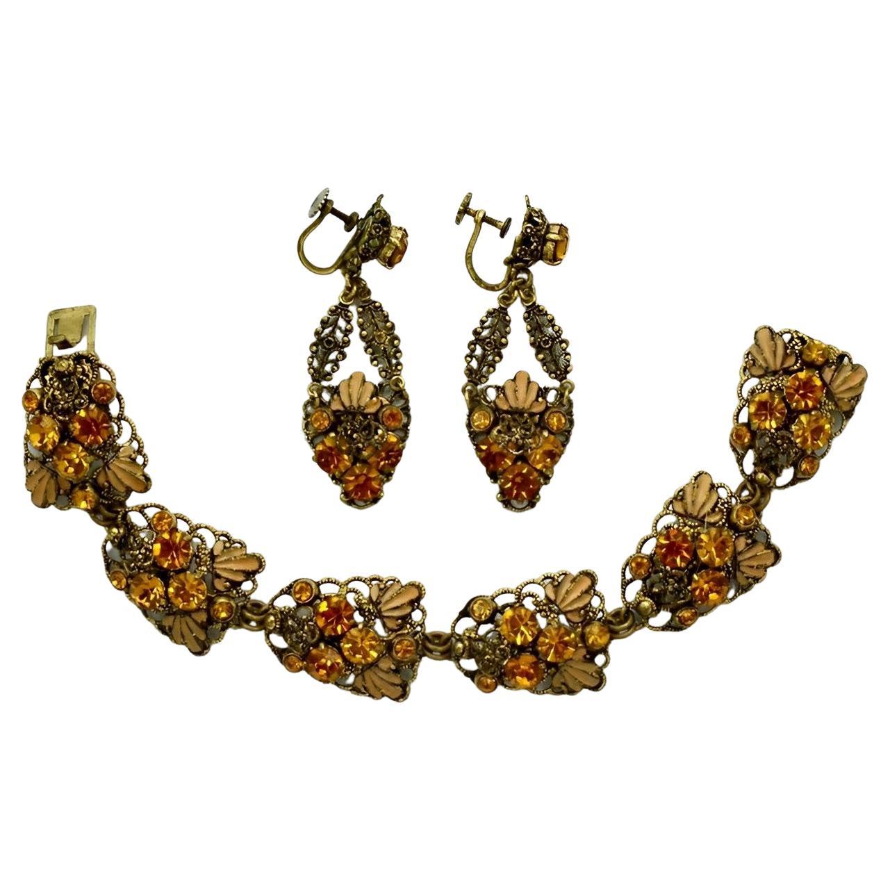 Gold Plated Filigree and Citrine Rhinestone Link Bracelet and Earrings Set For Sale