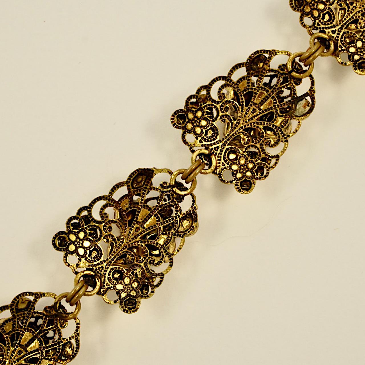 Gold Plated Filigree and Citrine Rhinestone Link Bracelet and Earrings Set For Sale 1
