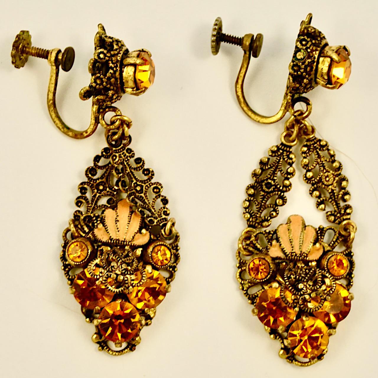 Gold Plated Filigree and Citrine Rhinestone Link Bracelet and Earrings Set For Sale 2