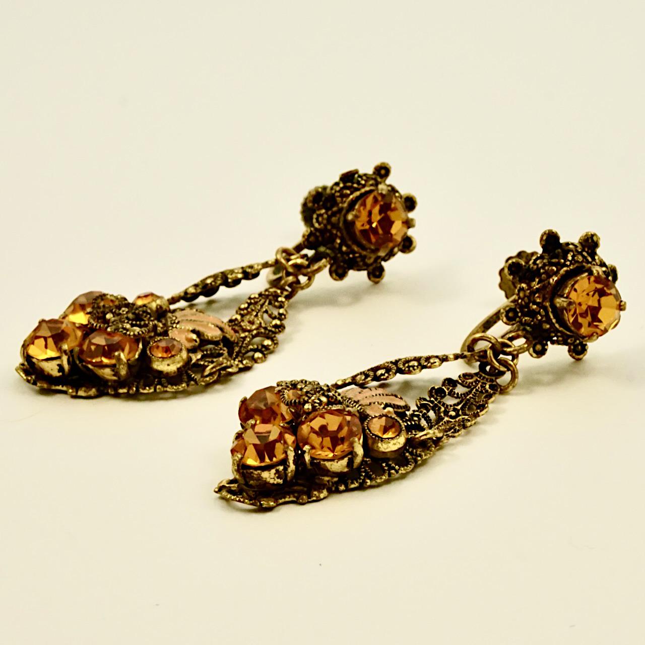 Gold Plated Filigree and Citrine Rhinestone Link Bracelet and Earrings Set For Sale 4