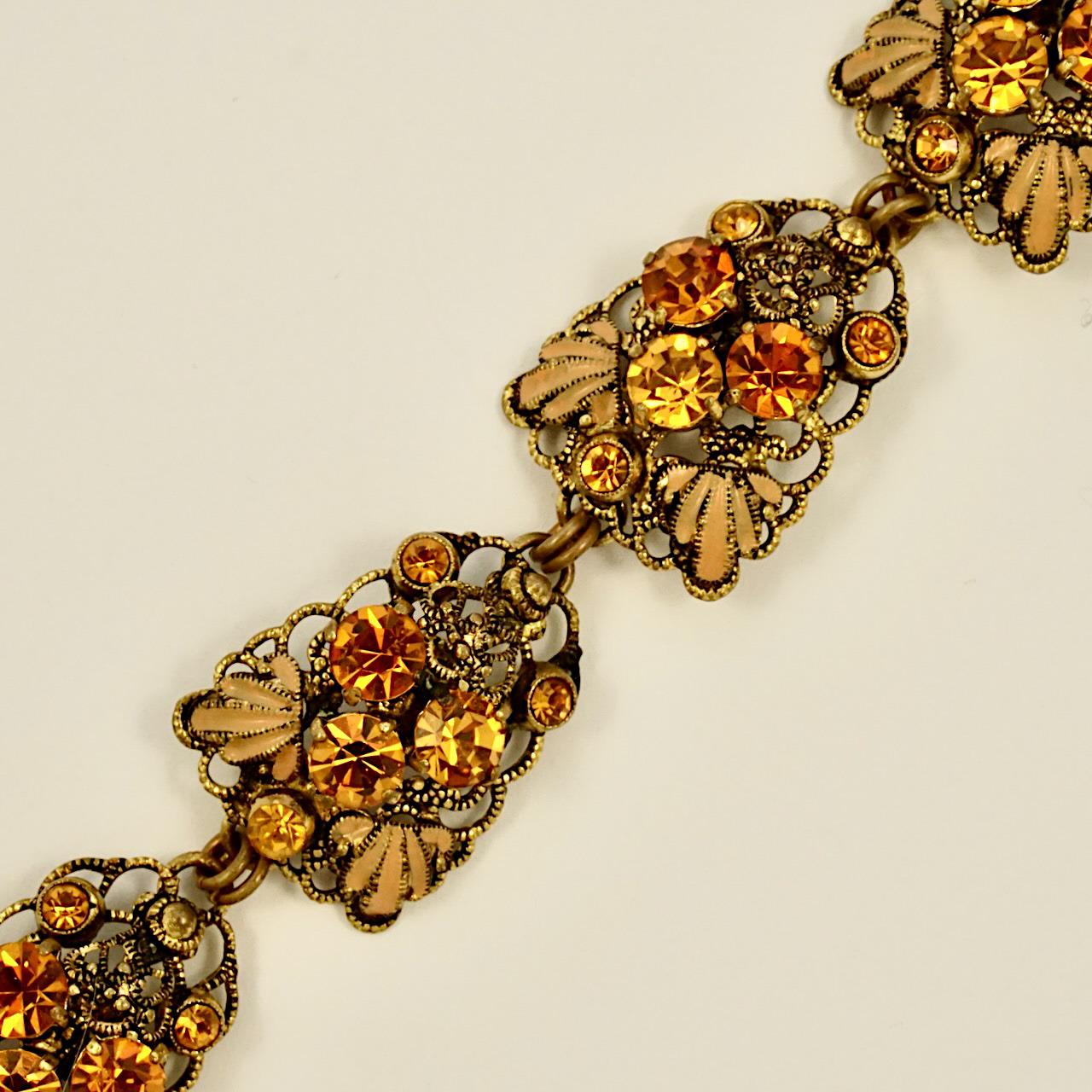 Gold Plated Filigree and Citrine Rhinestone Link Bracelet and Earrings Set In Good Condition For Sale In London, GB