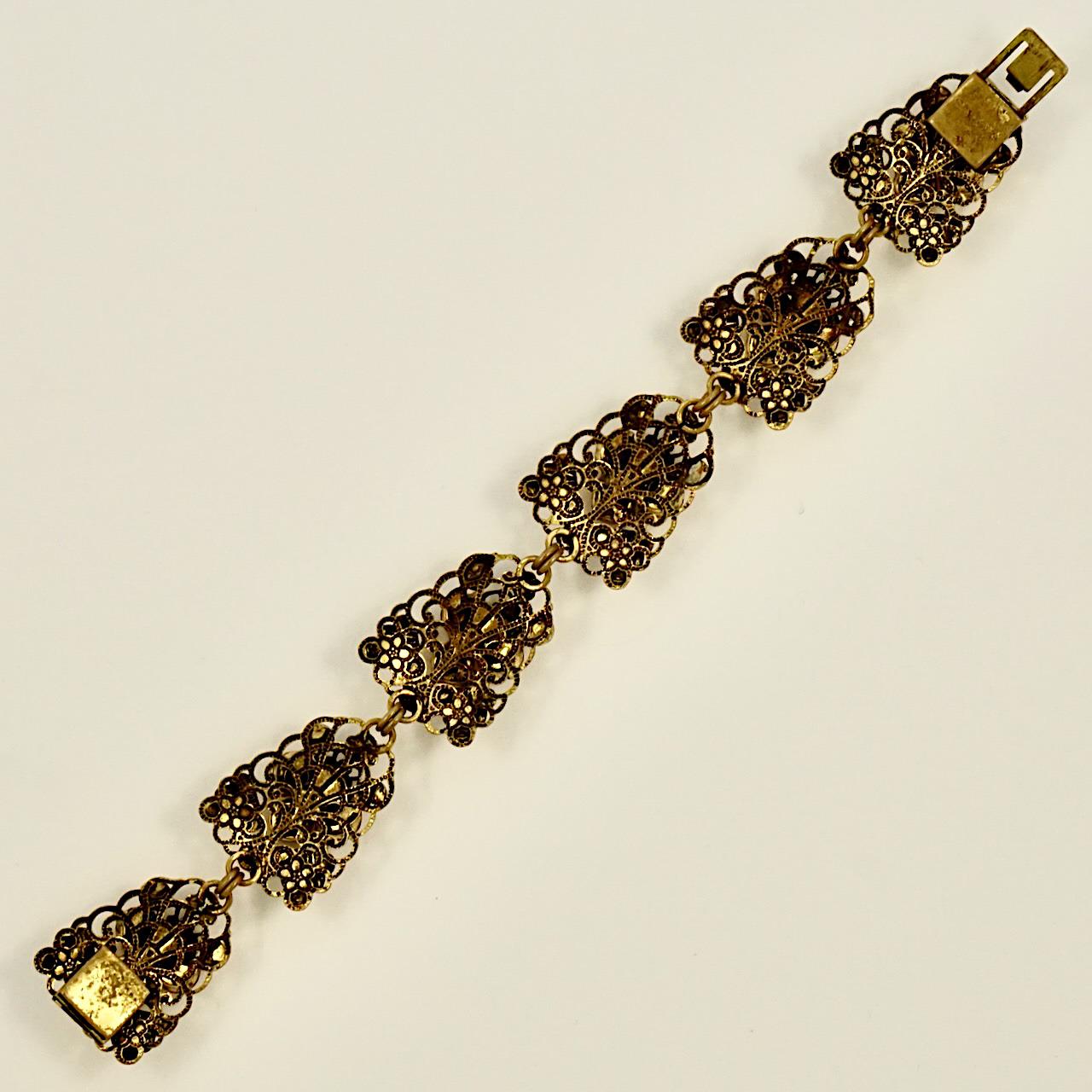 Women's or Men's Gold Plated Filigree and Citrine Rhinestone Link Bracelet and Earrings Set For Sale