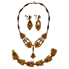 Gold Plated Filigree and Citrine Rhinestone Necklace Bracelet and Earrings Set