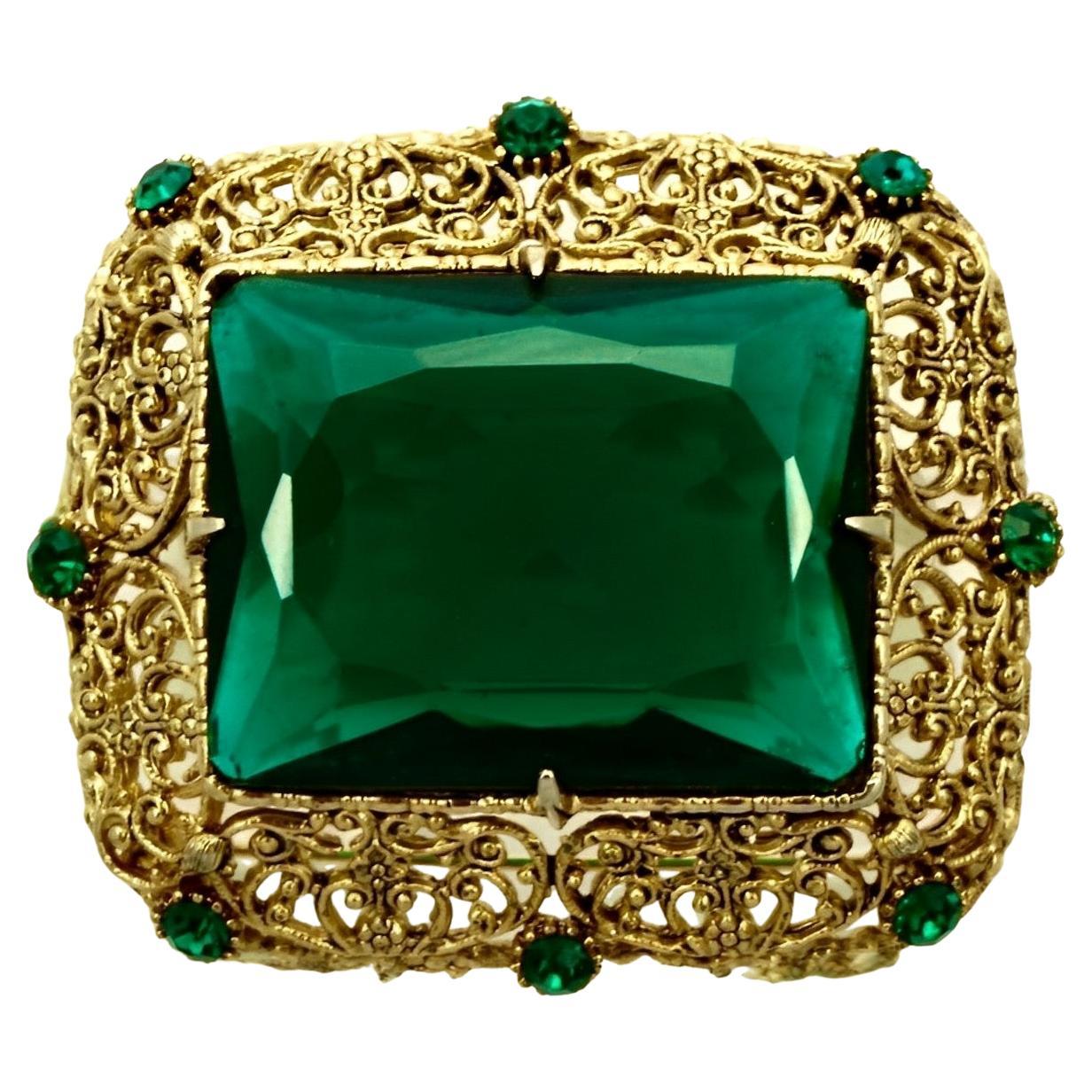 Gold Plated Filigree and Emerald Green Glass Statement Brooch circa 1960s For Sale