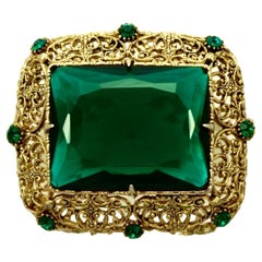 Retro Gold Plated Filigree and Emerald Green Glass Statement Brooch circa 1960s