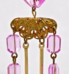 Gold Plated Filigree Clip On Chandelier Statement Earrings with Pink Beads 1960s