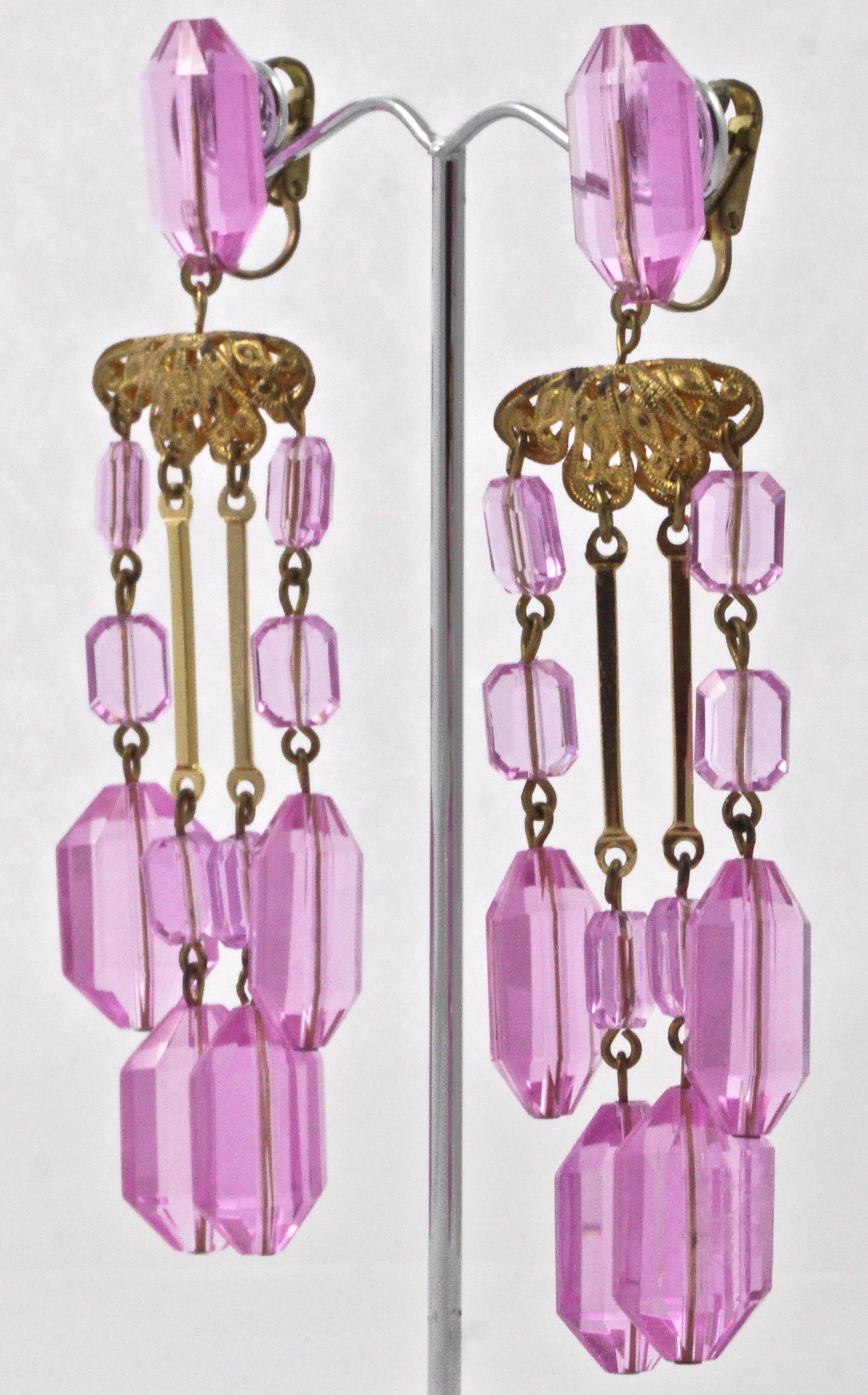 Gold Plated Filigree Clip On Chandelier Statement Earrings with Pink Beads 1960s 1